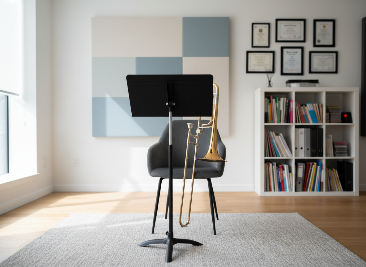 A bright, modern lesson studio with a trombone carefully placed on a cushioned chair facing an empty black music stand, suggesting a one-on-one lesson environment without showing any people. The room features light hardwood floors, a soft gray rug, and a wall-mounted acoustic panel with subtle geometric patterns. In the background, framed certificates and a bookshelf filled with scores and method books are slightly out of focus. Soft, diffused natural light enters from a large side window, creating an inviting, professional ambiance with mild shadows. Captured at eye level with balanced composition and moderate depth of field, this photographic image conveys a welcoming, organized teaching space for serious trombone study.
