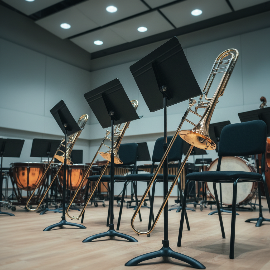 A low-angle, photographic view of a trombone section setup on a rehearsal stage, with three empty black chairs and three pristine brass trombones resting on stands in front of matching black music stands. The background hints at a larger symphony orchestra layout with blurred percussion instruments and a double bass, all unoccupied. Cool, even rehearsal lighting from overhead fixtures creates soft reflections on the bells and slides without harsh glare. The composition leads the eye diagonally through the row of instruments, using moderate depth of field for clarity and depth. The atmosphere is focused and professional, capturing the ensemble context of advanced trombone performance and collaboration.