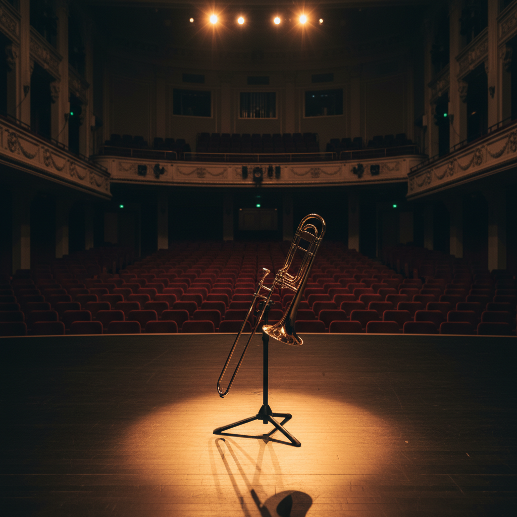 An elegant concert hall interior with a single trombone positioned on a low stand at the front of the stage, facing rows of empty plush red seats. The stage floor is polished wood, reflecting a soft, golden halo around the instrument. Overhead, warm spotlights converge to create a subtle pool of light centered on the trombone’s bell and slide, leaving the rest of the hall in deeper, atmospheric shadow. Shot from the back of the hall with a long lens, compressing the distance so the instrument stands out crisply against the cascading seats. Photographic realism with a dramatic yet refined mood, emphasizing the trombone’s role in professional performance venues.