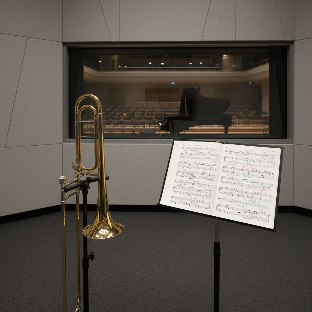 A professional trombonist’s workspace without any people: a high-quality brass trombone on a padded stand beside a sturdy black music stand holding annotated sheet music, set in a modern, acoustically treated rehearsal room. The walls feature light gray sound panels and a glass window looking into a larger performance space with empty chairs and a grand piano in soft focus. Neutral, diffused overhead lighting creates an even, flattering glow with gentle reflections on the trombone’s bell. Shot from a slightly elevated angle using the rule of thirds, maintaining sharp focus throughout. The mood is disciplined and scholarly, emphasizing a serious, professional approach to music-making in photographic realism.