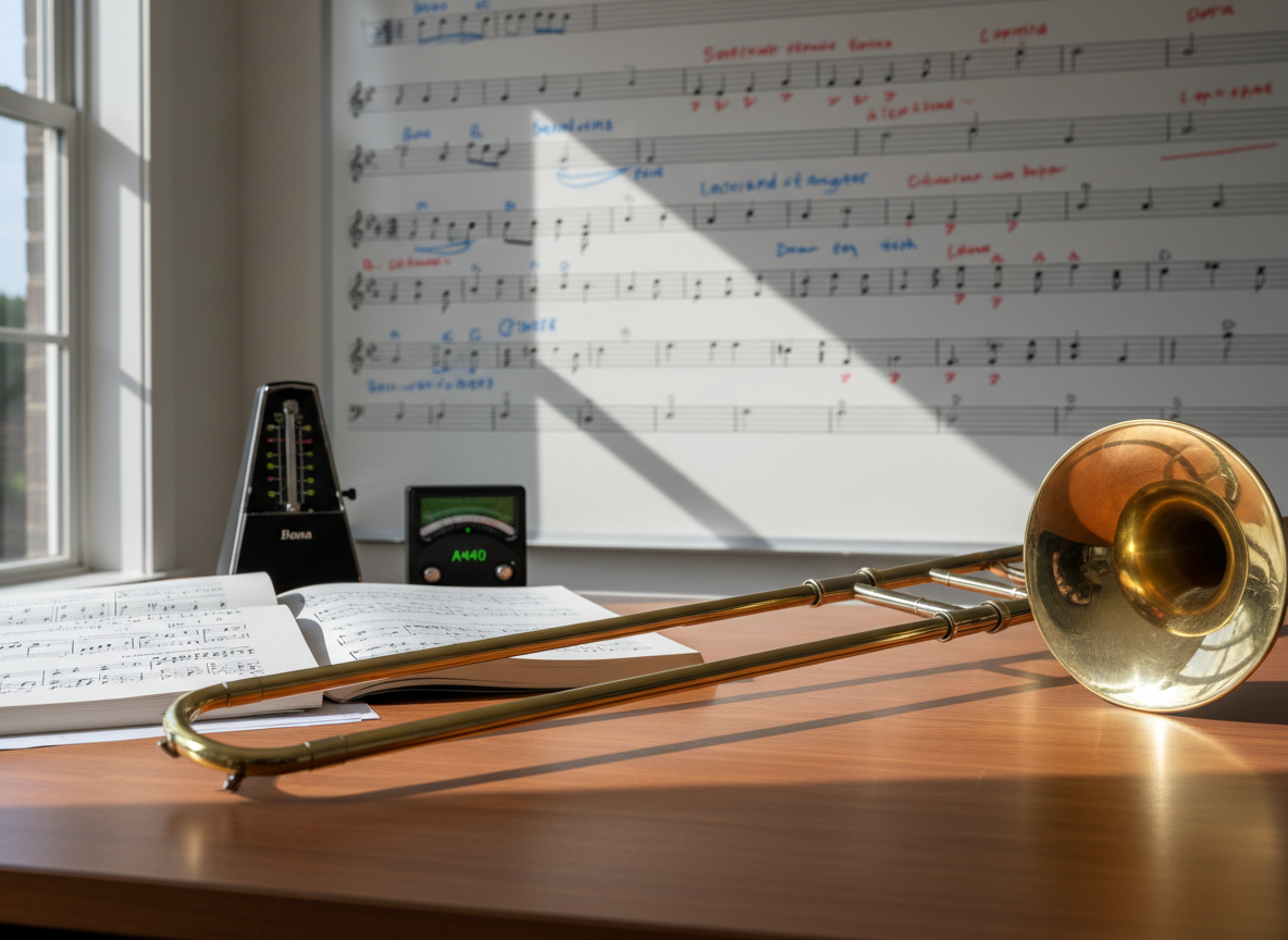 A detailed close-up of a trombone’s slide and hand brace resting across a neatly organized wooden teaching desk, surrounded by open method books, a metronome, and a digital tuner, all without any human presence. Behind the desk, a whiteboard filled with clear musical staff lines and sketched scale patterns forms a softly blurred background. Afternoon window light streams in from the side, casting gentle, directional illumination that highlights the brushed metal textures and polished brass reflections. The composition uses a shallow depth of field, focusing tightly on the junction of the slide and brace, conveying precision and craft. Photographic realism with a calm, studious atmosphere, perfect for illustrating trombone pedagogy.