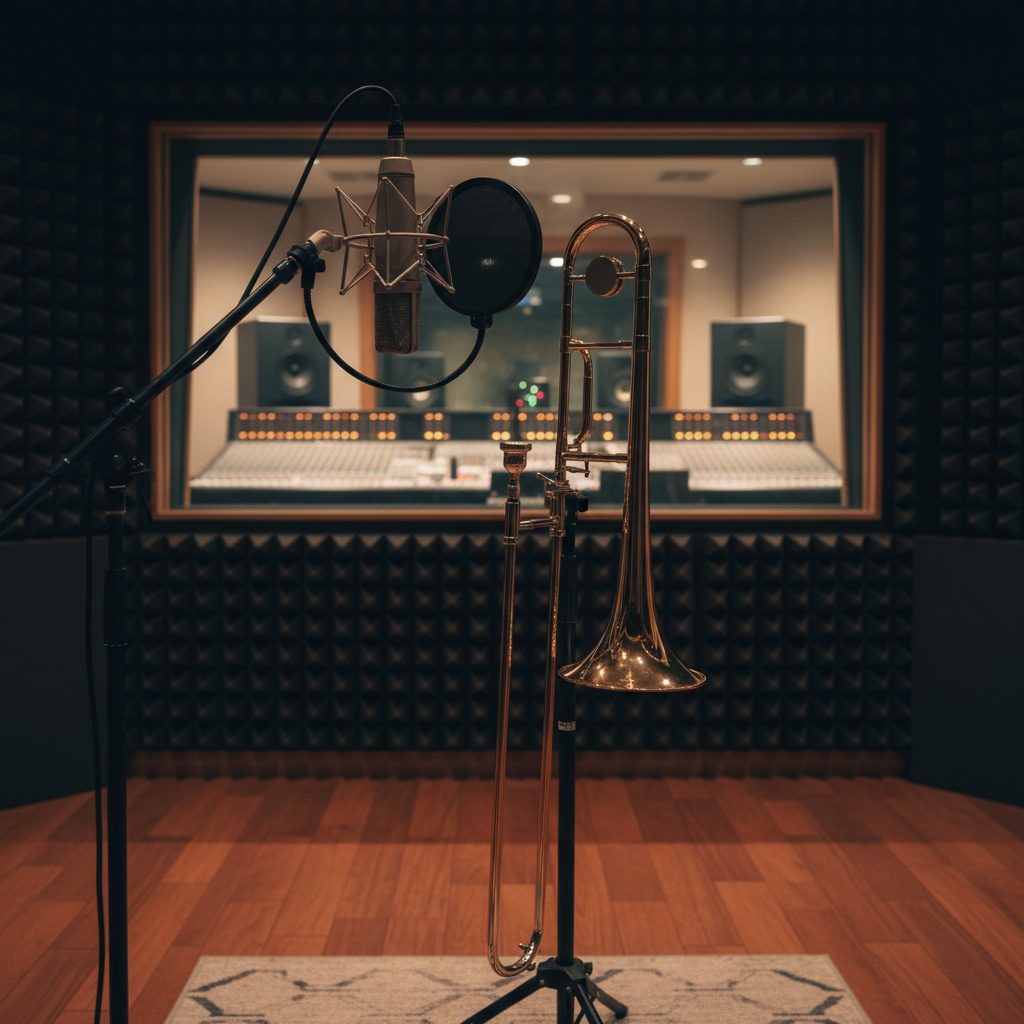 A meticulously arranged recording studio scene centered on a solo trombone standing before a large-diaphragm condenser microphone with a pop filter, both on adjustable stands. Behind them, a window into a control room reveals softly glowing mixing consoles and studio monitors, all unoccupied. Dark acoustic panels line the walls, contrasted by warm wood flooring and a subtle patterned rug under the stands. Controlled studio lighting provides a gentle key light from the left and a faint rim light from behind, outlining the silhouette of the trombone’s bell and slide. Photographic realism with a cinematic, focused mood, framed at chest height with a medium shot that emphasizes professional recording of trombone performance.