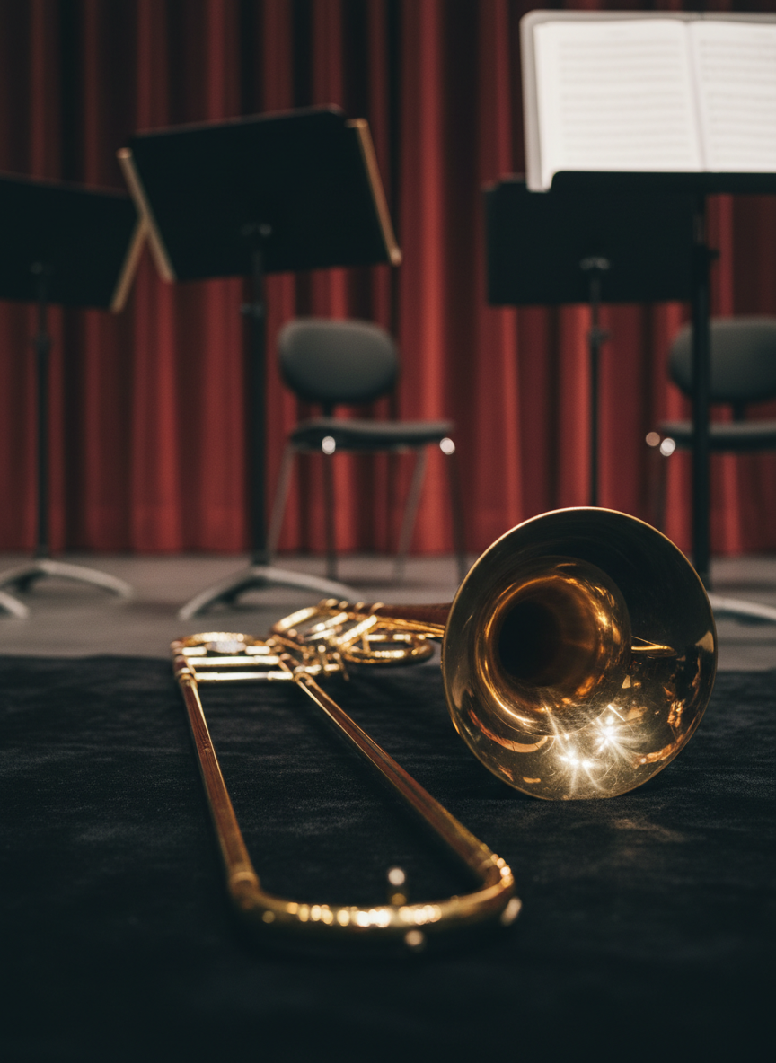 A polished brass tenor trombone resting on a black velvet-lined concert stage floor, its slide slightly extended and bell catching the soft gleam of overhead stage lights. Around it, empty music stands with neatly arranged sheet music suggest a professional ensemble just offstage. Deep burgundy curtains form a blurred backdrop, adding rich color without distraction. The lighting is warm and directional, creating crisp reflections along the trombone’s tubing and subtle shadows beneath. Captured at eye level from the bell end, with shallow depth of field so the instrument is razor sharp while the background softly fades. Photographic realism, clean and professional, evoking anticipation of a high-level performance.